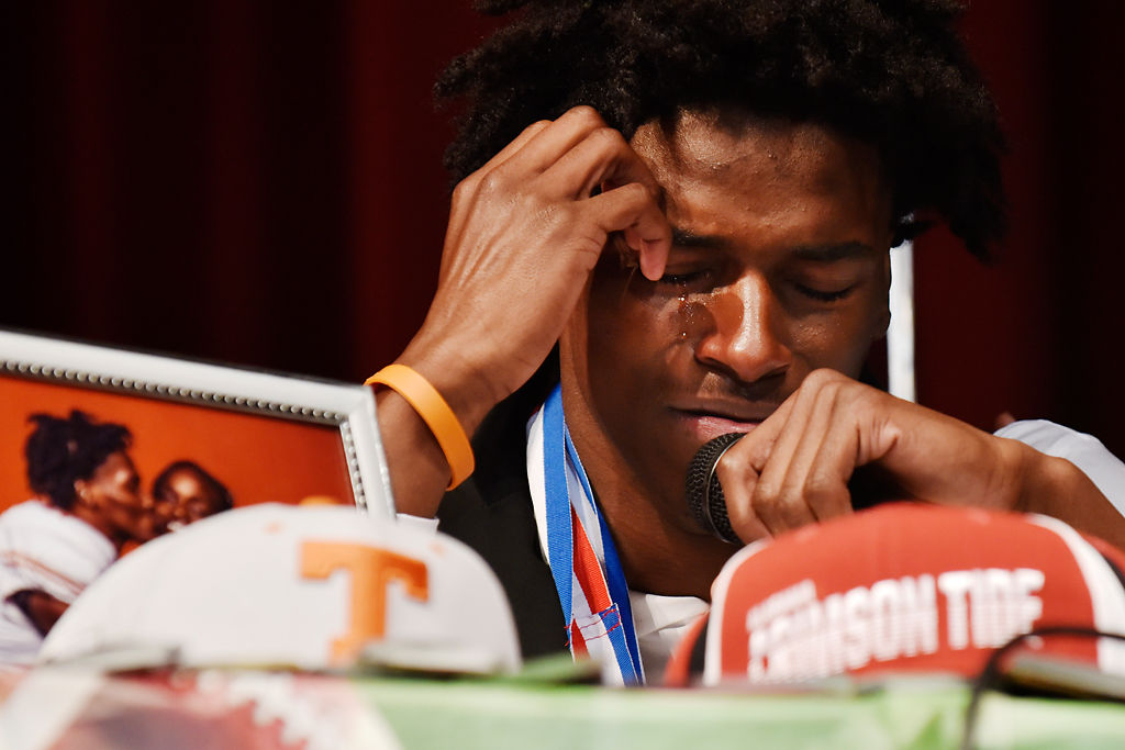 Duncanville cornerback Ennis Rakestraw, Jr., begins to cry (copy)